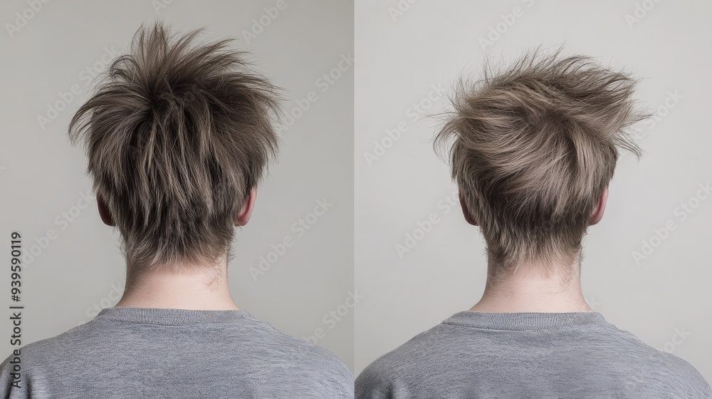 This is a comparison of a person's hair, showcasing the chaotic style on the left and the neat, styled look on the right. Both views are taken from the back in a simple environment