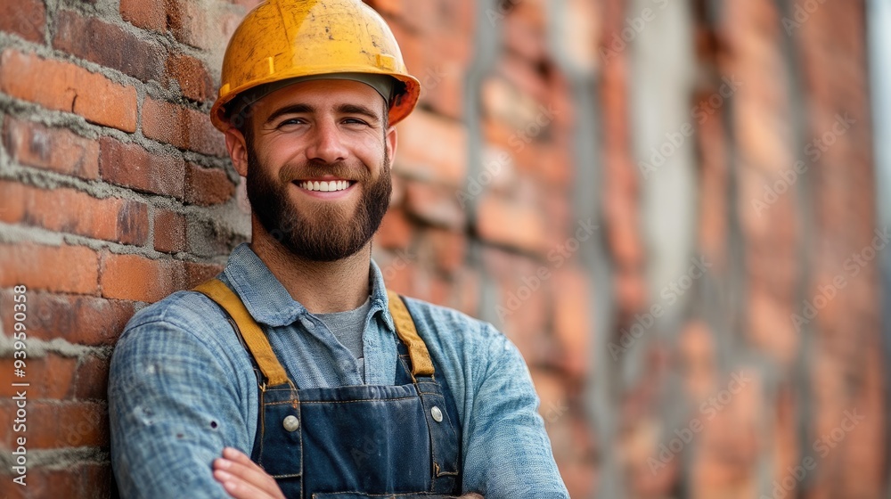 Confident Builder in Safety Gear and Overalls on Construction Site Confident Builder in Safety Gear and Overalls on Construction Site