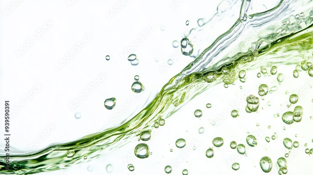 Close-up of a green liquid with bubbles flowing smoothly, representing motor oil, olive oil, or another liquid, captured in dynamic motion against a white background.