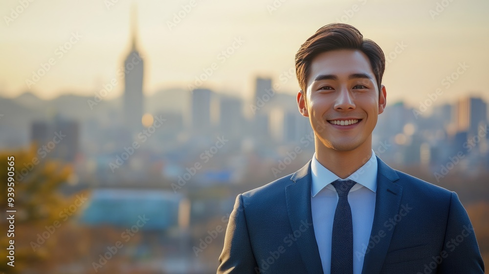 Stylish Asian Businessman Smiling with Namsan Tower and Seoul City Stylish Asian Businessman Smiling with Namsan Tower and Seoul City