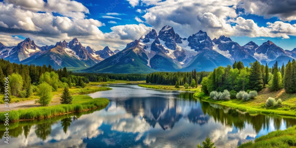 Fototapeta premium Reflected Serenity Majestic Mountain Range Mirrored in a Tranquil River, Landscape Photography, Nature, Mountains, Reflection, Water