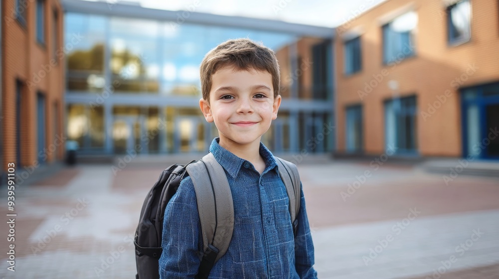 School child standing in front of school. Back to school background horizontal composition School child standing in front of school. Back to school background horizontal composition