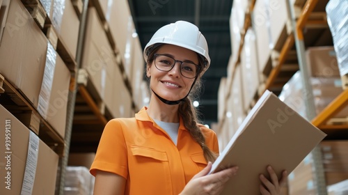 A smiling female worker in a hard hat and glasses holding a clipboard in a warehouse, overseeing hyperlocal and direct-to-consumer (D2C) inventory management. photo