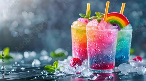 Rainbow slushie drinks with mint garnish and rainbow candy decoration