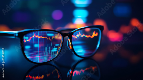 Close-up of eyeglasses reflecting stock market data on a screen, symbolizing financial analysis, technology, and investment insights. photo