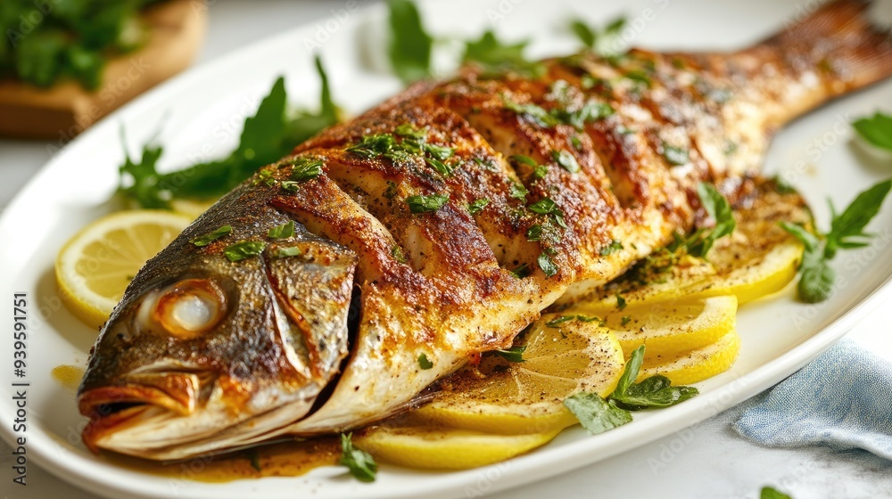 Artfully Roasted Fish Accompanied by Lemon and Fresh Herbs Artfully Roasted Fish Accompanied by Lemon and Fresh Herbs