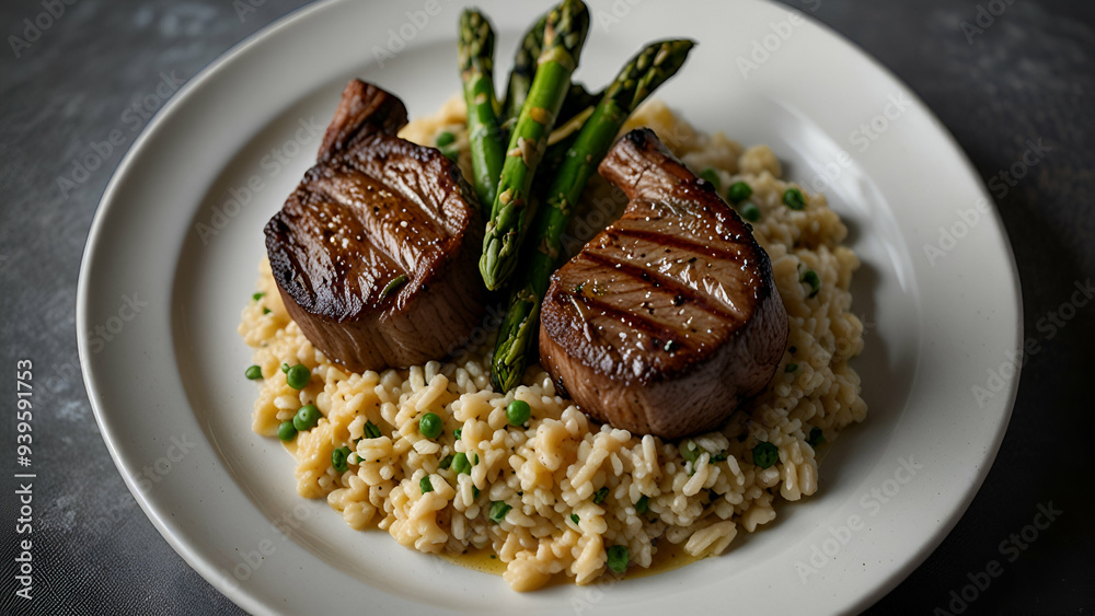 Lamb Chops with Creamy Risotto and Tender, Slightly Charred Asparagus on a Plate. Lamb Chops with Creamy Risotto and Tender, Slightly Charred Asparagus on a Plate.