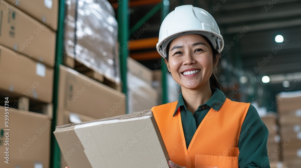 Female worker in safety gear, including an orange hard hat, inspecting cargo containers at a shipping yard, symbolizing international trade and global logistics. Female worker in safety gear, including an orange hard hat, inspecting cargo containers at a shipping yard, symbolizing international trade and global logistics.