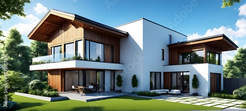 Three dimensional render of a modern ecological real estate residential house