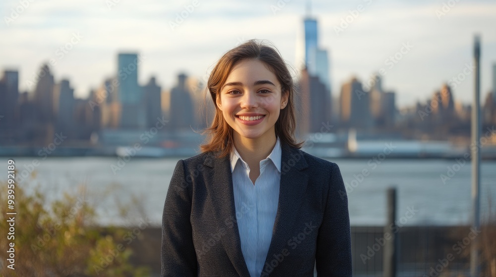 Young Professional Woman Posing with Manhattan Backdrop Young Professional Woman Posing with Manhattan Backdrop