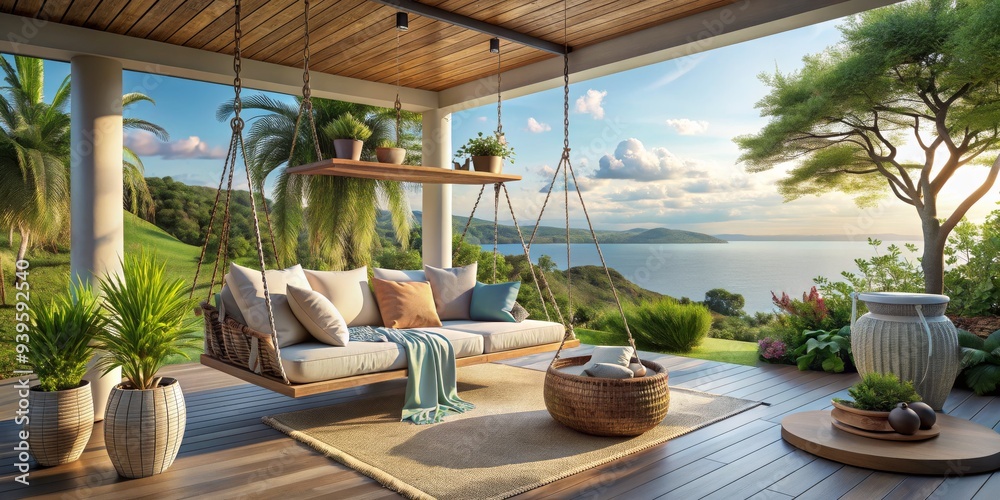 Fototapeta premium Serene Sunset View from a Hanging Lounger on a Tropical Deck, 3D Rendering, Ocean View, Tropical Design, Relaxing Atmosphere, Vacation Home