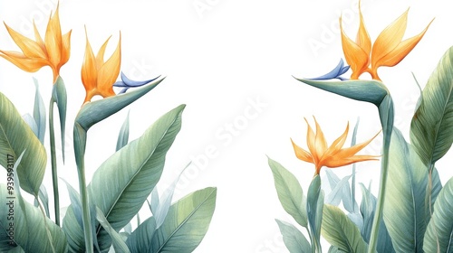 A watercolor illustration of two vibrant bird of paradise flowers with green tropical leaves. The flowers are blooming with delicate petals and are a symbol of joy, paradise, and freedom. The leaves a