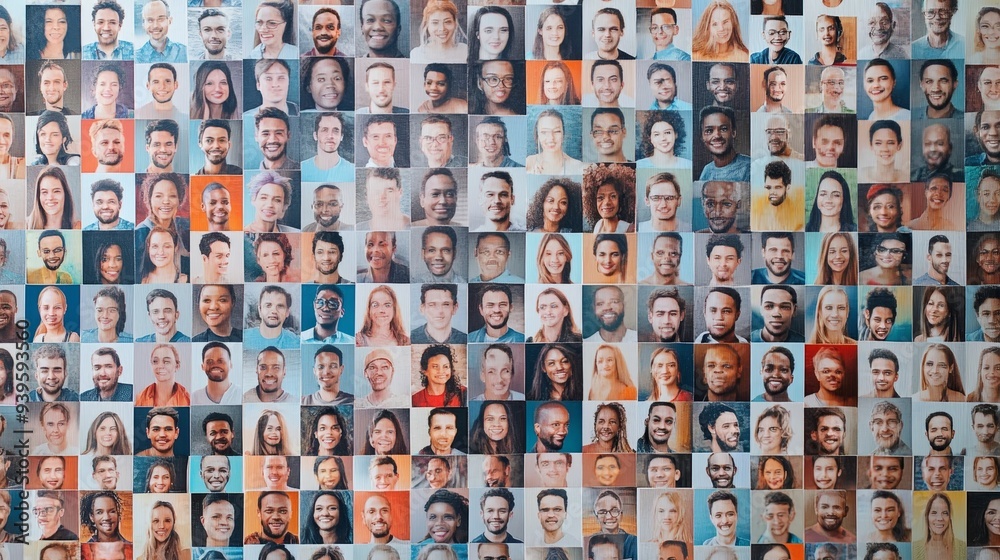 Fototapeta premium Hundreds of multiracial people crowd portraits headshots collection, collage mosaic. Many lot of multicultural different male and female smiling faces, Generative AI