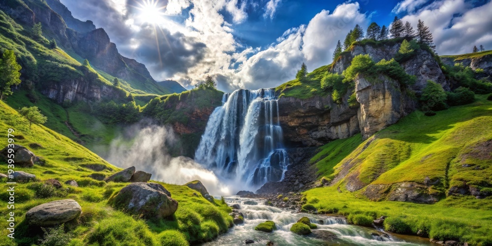 Sunlight Bathed Waterfall Cascading Through Green Hills, Wide Angle, Dramatic, Mountain Landscape, Lush Greenery, Waterfall, Nature Sunlight Bathed Waterfall Cascading Through Green Hills, Wide Angle, Dramatic, Mountain Landscape, Lush Greenery, Waterfall, Nature