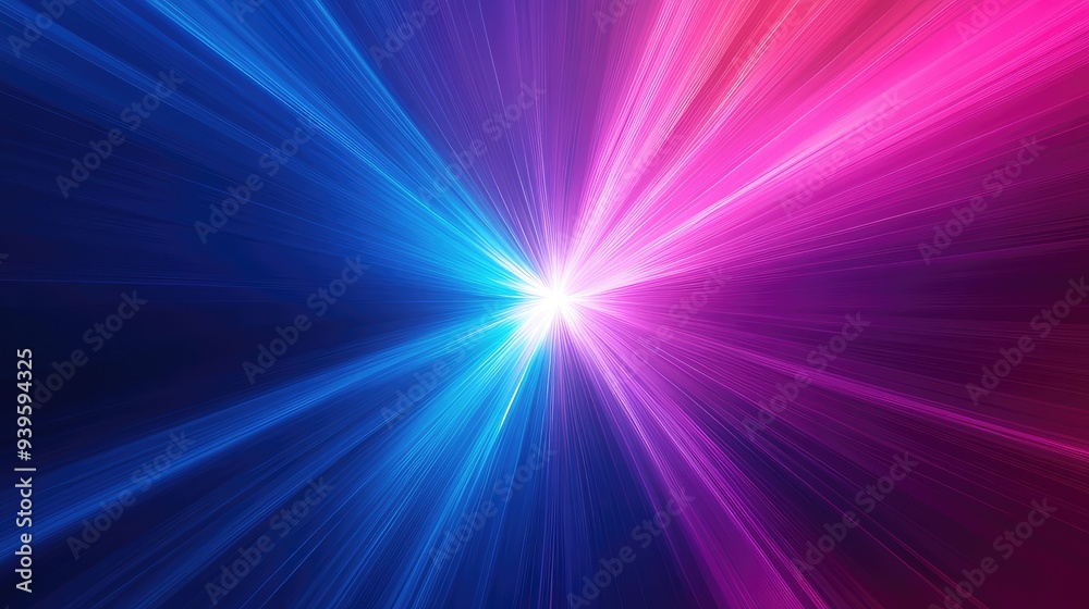 Fototapeta premium Glowing radial light beams radiating from a central point, in a gradient of blue and purple hues, creating an abstract design.