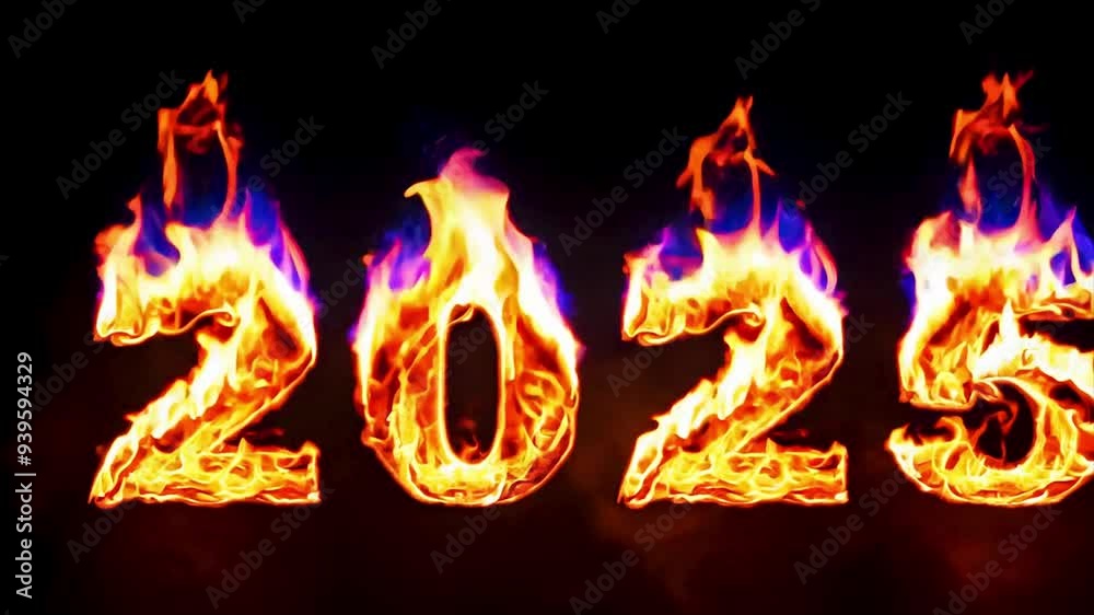 Burning 2025 fiery digit for happy Christmas New Year celebration, holiday dark template. AI generation.