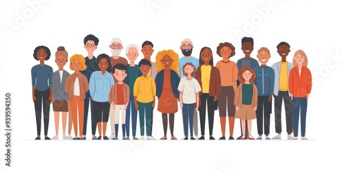 Diverse multiracial and multicultural group of people isolated on white background. Happy old and young men, women and children standing together. Social diversity. Flat cartoon , Generative AI