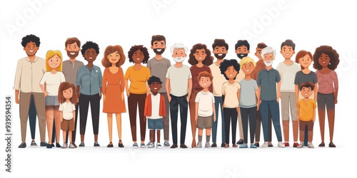 Diverse multiracial and multicultural group of people isolated on white background. Happy old and young men, women and children standing together. Social diversity. Flat cartoon , Generative AI