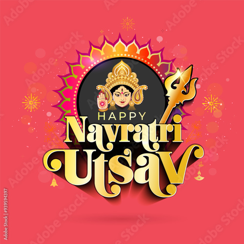 Happy Navratri Utsav vector Logo design on red background. Indian goddess Durga puja festival.