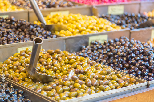 Принти на полотні Fresh olives for sale at food market in Kadikoy District, Istanbul Turkey