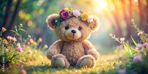 Teddy Bear with a Flower Crown in a Sunny Meadow, Teddy Bear, Flower Crown, Meadow, Sunshine