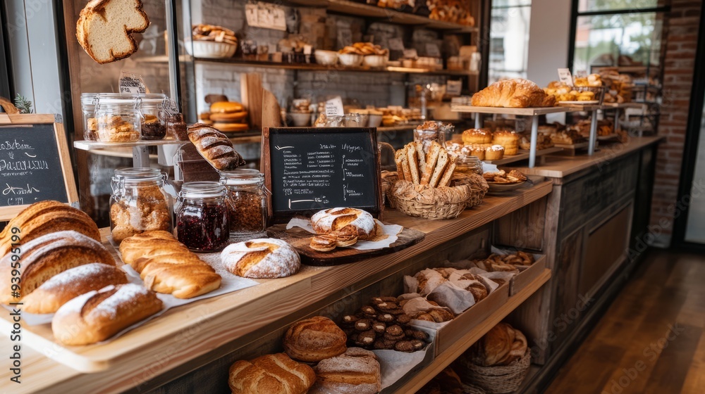A lovely view of a bakery with lots of freshly baked products A lovely view of a bakery with lots of freshly baked products