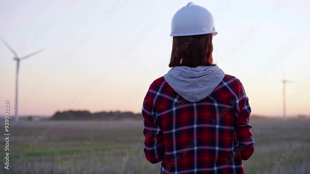 Woman engineer taking notes on a clipboard on a field with wind turbines, as the sun sets, back view. Clean energy and engineering concept Woman engineer taking notes on a clipboard on a field with wind turbines, as the sun sets, back view. Clean energy and engineering concept