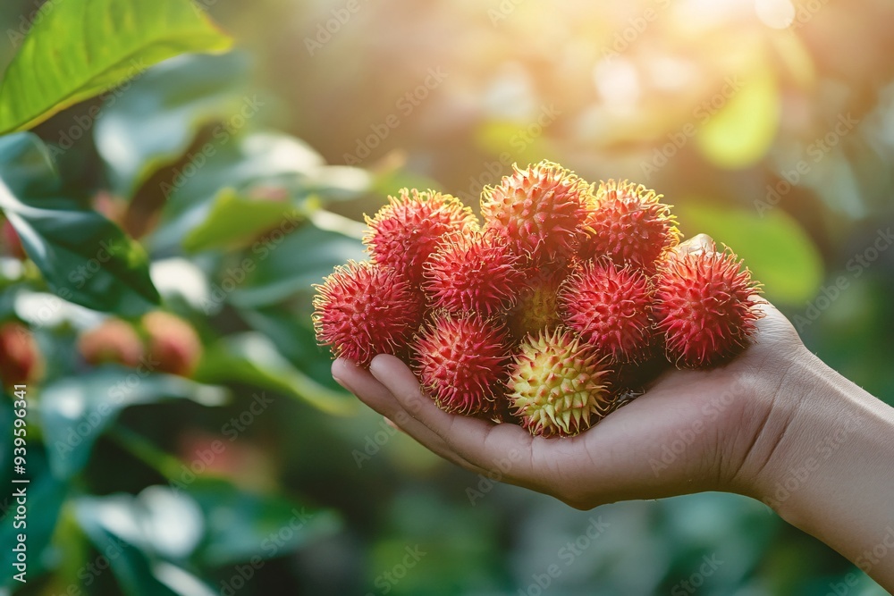 Person holding a bunch of fresh rambutan Person holding a bunch of fresh rambutan