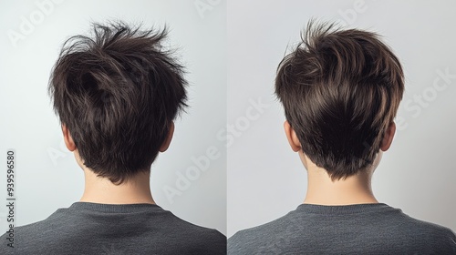 A striking hairstyle transformation is showcased, featuring a before and after comparison of hair texture and length. The new style highlights smooth, defined layers photo