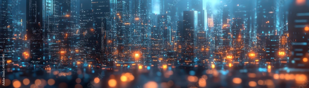 Fototapeta premium Digital ID transformation, focus on holographic interface, evolution and adaptation, copy space, tech evolution theme, whimsical, composite, futuristic cityscape backdrop