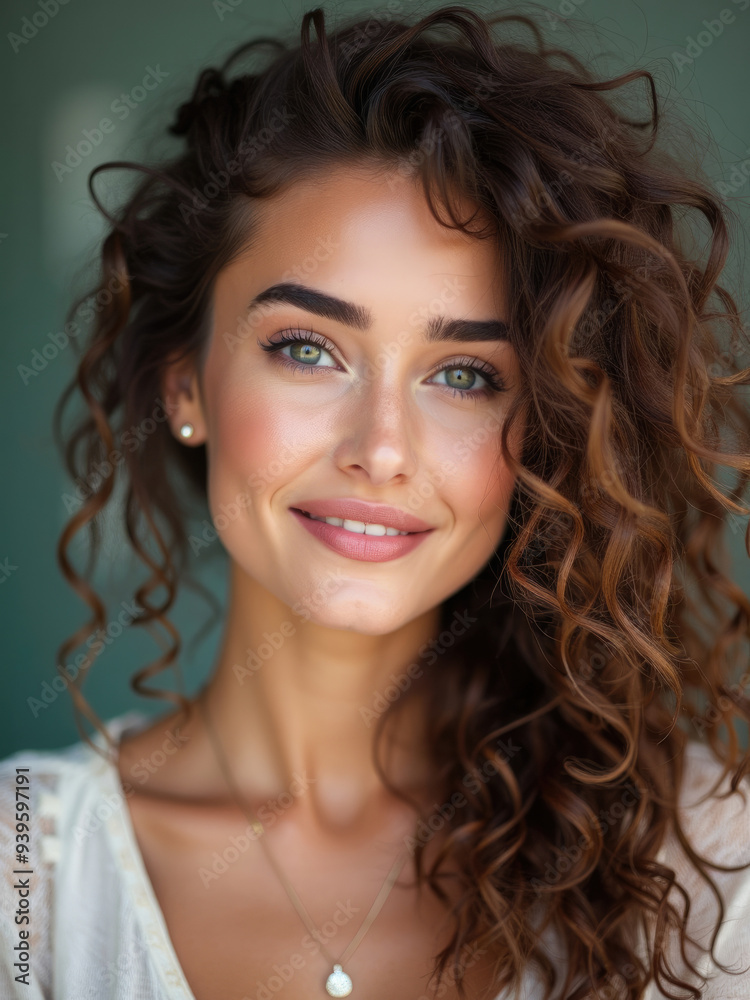 A beautiful woman with curly hair and green eyes smiles naturally at the camera. The soft lighting highlights her delicate features and vibrant expression, creating a captivating portrait. A beautiful woman with curly hair and green eyes smiles naturally at the camera. The soft lighting highlights her delicate features and vibrant expression, creating a captivating portrait.