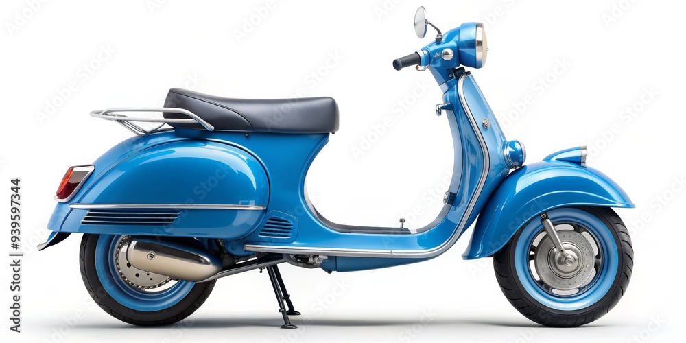 Obraz premium Vintage Blue Scooter Side View, 3D Render, Classic Design, Italian Style, Scooter, Motorcycle, Transportation