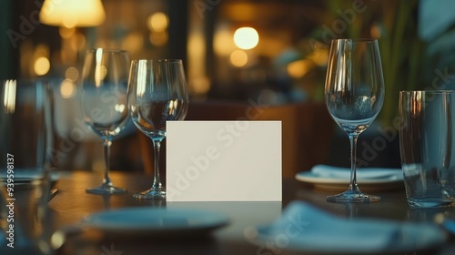 White blank space card on restaurant table background horizontal composition photo