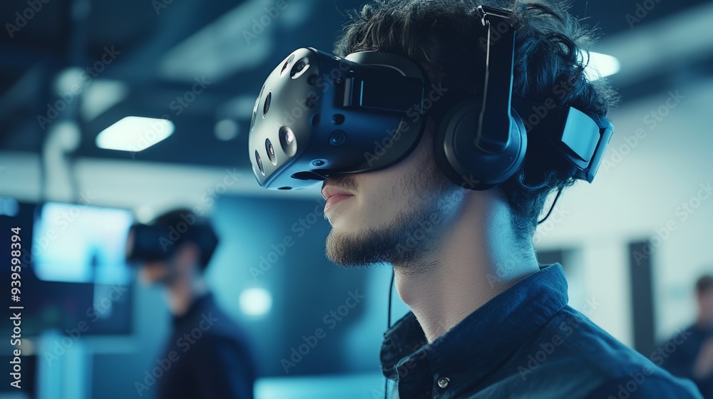 A virtual reality headset being used for training and simulation, showcasing the use of AI in education and training. A virtual reality headset being used for training and simulation, showcasing the use of AI in education and training.