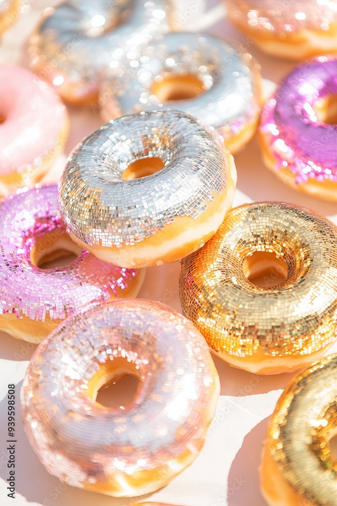 donuts made entirely of shiny disco mirror tiles, reflecting light with vibrant gold, silver, and rose gold hues. The intricate tilework creates a glamorous and playful aesthetic