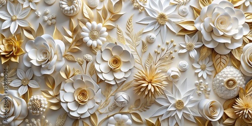 White and Gold Paper Flowers, 3D, Floral, Composition, White Background, Paper Craft, Floral Design