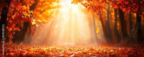 A serene autumn forest with golden sunlight streaming through vibrant orange leaves, creating a warm and tranquil atmosphere. photo