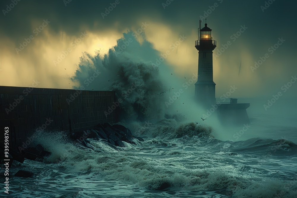 Lighthouse Battling Stormy Sea at Dusk Lighthouse Battling Stormy Sea at Dusk