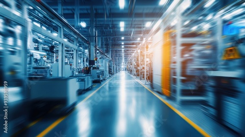 A spacious industrial corridor with machinery and equipment lining the sides.