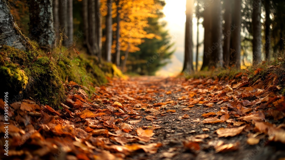 A captivating close-up of a sun-drenched forest path in autumn, showcasing the rich textures and colours of the season. This image is perfect for promoting autumn outdoor activities. A captivating close-up of a sun-drenched forest path in autumn, showcasing the rich textures and colours of the season. This image is perfect for promoting autumn outdoor activities.