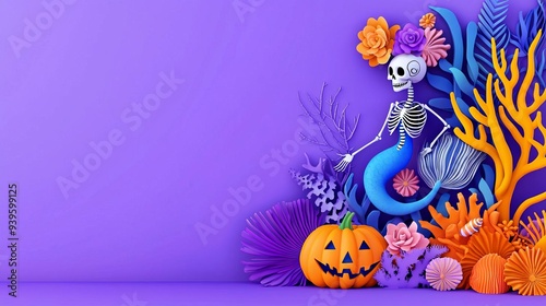 Halloween Mermaids jewelry Mermaid with skeleton costume, haunted coral reef, flat design illustration photo