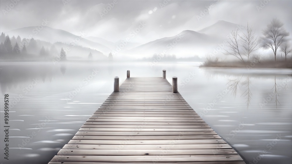 Fototapeta premium Minimalist Wooden Pier Extending into Misty Lake at Dawn