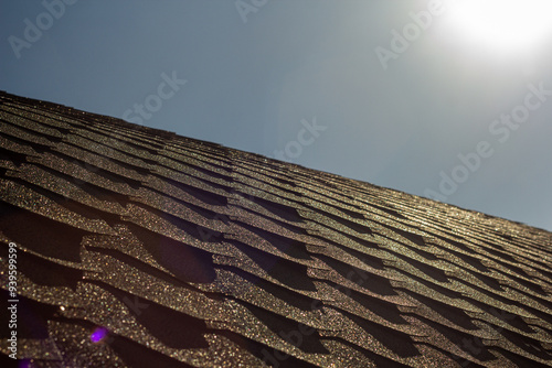 The morning sun casts a warm glow over textured roof shingles, highlighting their patterns and creating a shimmering effect under the clear sky.