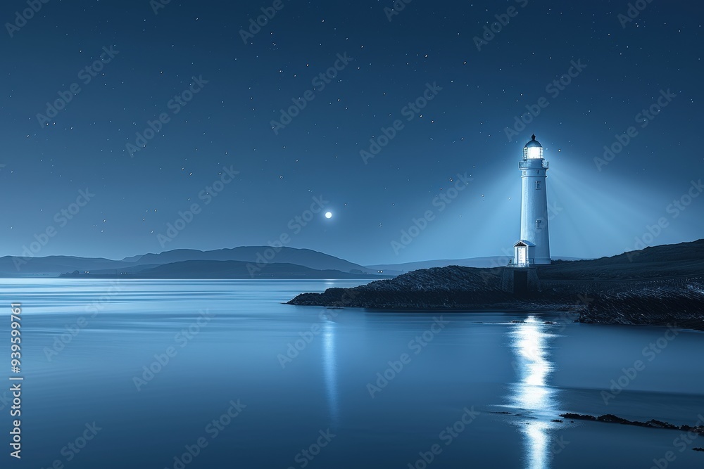 Peaceful Night Lighthouse Scene at Coastline Peaceful Night Lighthouse Scene at Coastline