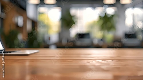 A business background with a laptop on the desk in the office and a place for text. Light background.