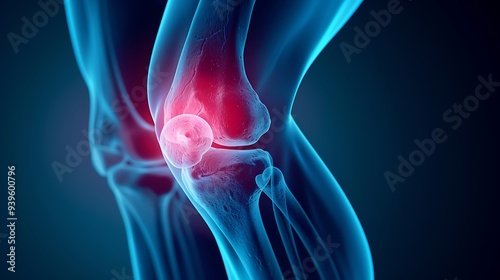 Blue 3D medical x-ray of a knee with a red area highlighting pain, illustrating joint injury, arthritis, and leg inflammation, with a focus on the bone and tendon