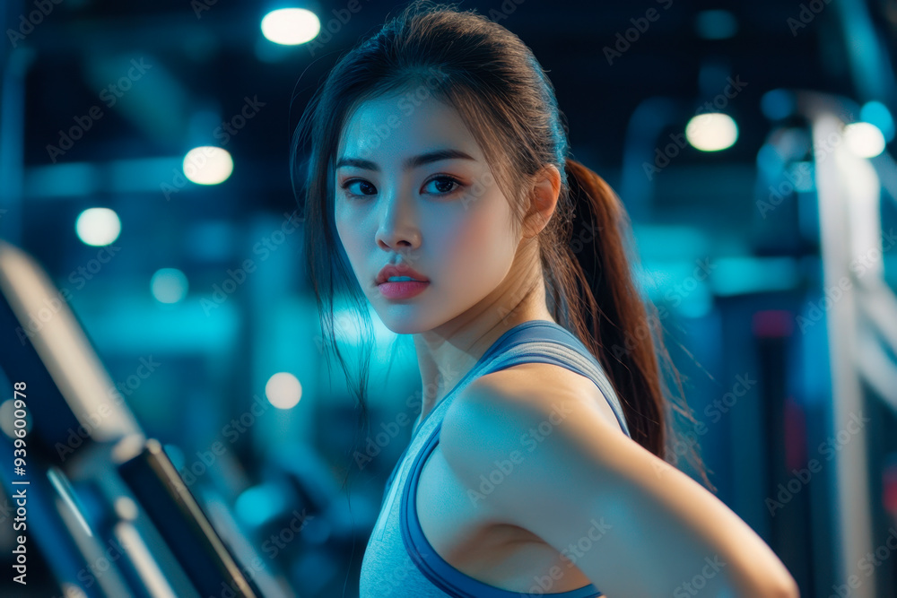 beautiful woman working out at gym, running on treadmill and doing fitness exercises. healthy concept 