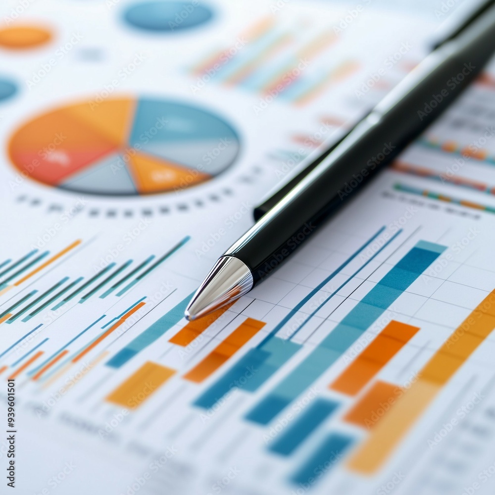 Close-up of colorful charts and graphs with a pen on business documents Close-up of colorful charts and graphs with a pen on business documents