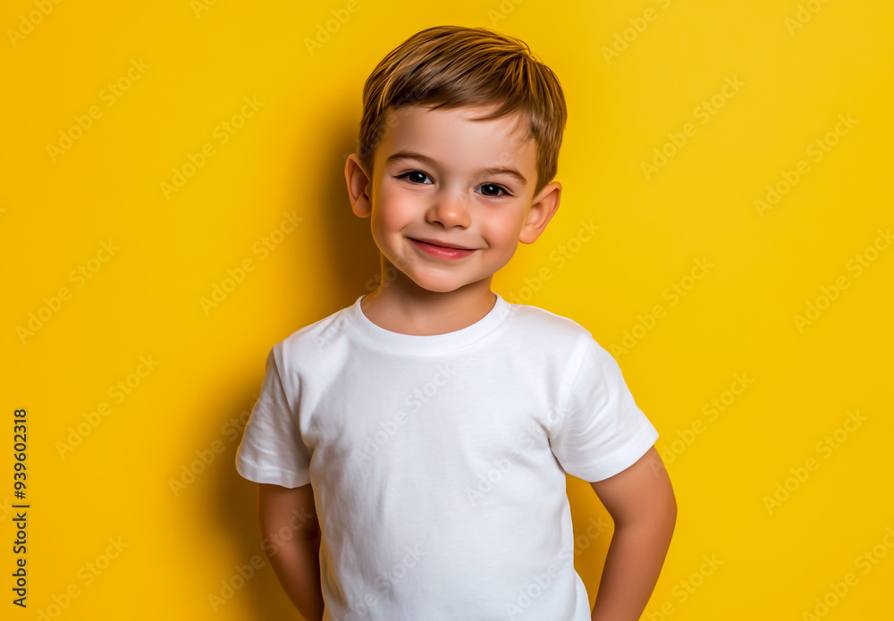 A happy, smiling little boy wearing a white t-shirt, standing against a yellow background A happy, smiling little boy wearing a white t-shirt, standing against a yellow background
