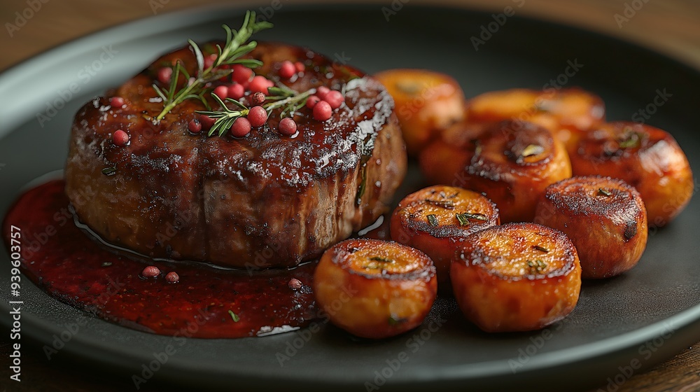 Succulent grilled beef filet mignon topped with fresh rosemary and pink peppercorns, served with caramelized baby potatoes, plated elegantly with rich red wine reduction sauce Succulent grilled beef filet mignon topped with fresh rosemary and pink peppercorns, served with caramelized baby potatoes, plated elegantly with rich red wine reduction sauce